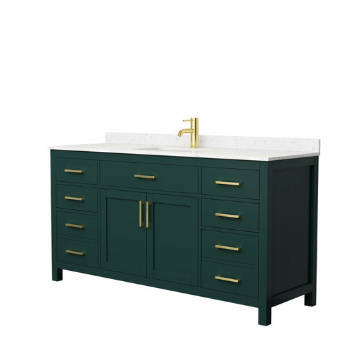 Wyndham Beckett 66 Inch Single Bathroom Vanity in Green, Carrara Cultured Marble Countertop, Undermount Square Sink, Brushed Gold Trim- Wyndham
