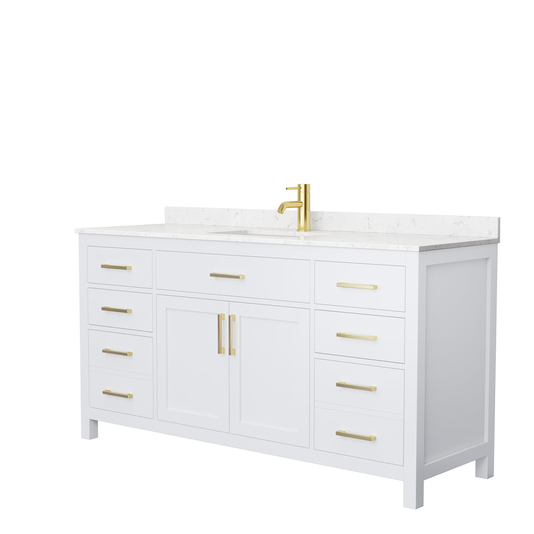Wyndham Beckett 66 Inch Single Bathroom Vanity in White, Carrara Cultured Marble Countertop, Undermount Square Sink, Brushed Gold Trim- Wyndham