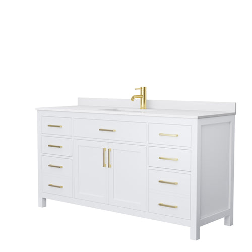 Wyndham Beckett 66 Inch Single Bathroom Vanity in White, White Cultured Marble Countertop, Undermount Square Sink, Brushed Gold Trim- Wyndham