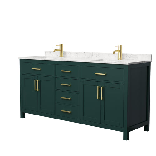 Wyndham Beckett 72 Inch Double Bathroom Vanity in Green, Carrara Cultured Marble Countertop, Undermount Square Sinks, Brushed Gold Trim- Wyndham