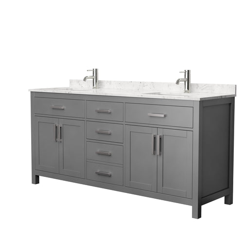 Wyndham Beckett 72 Inch Double Bathroom Vanity in Dark Gray, Carrara Cultured Marble Countertop, Undermount Square Sinks, No Mirror- Wyndham