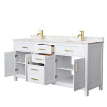 Load image into Gallery viewer, Wyndham Beckett 72 Inch Double Bathroom Vanity in White, Carrara Cultured Marble Countertop, Undermount Square Sinks, Brushed Gold Trim- Wyndham
