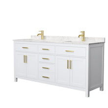 Load image into Gallery viewer, Wyndham Beckett 72 Inch Double Bathroom Vanity in White, Carrara Cultured Marble Countertop, Undermount Square Sinks, Brushed Gold Trim- Wyndham