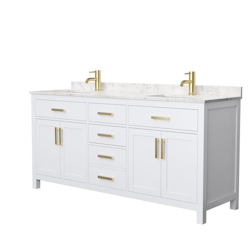 Wyndham Beckett 72 Inch Double Bathroom Vanity in White, Carrara Cultured Marble Countertop, Undermount Square Sinks, Brushed Gold Trim- Wyndham