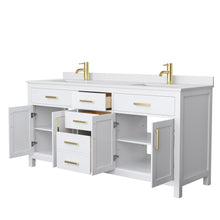 Load image into Gallery viewer, Wyndham Beckett 72 Inch Double Bathroom Vanity in White, White Cultured Marble Countertop, Undermount Square Sinks, Brushed Gold Trim- Wyndham
