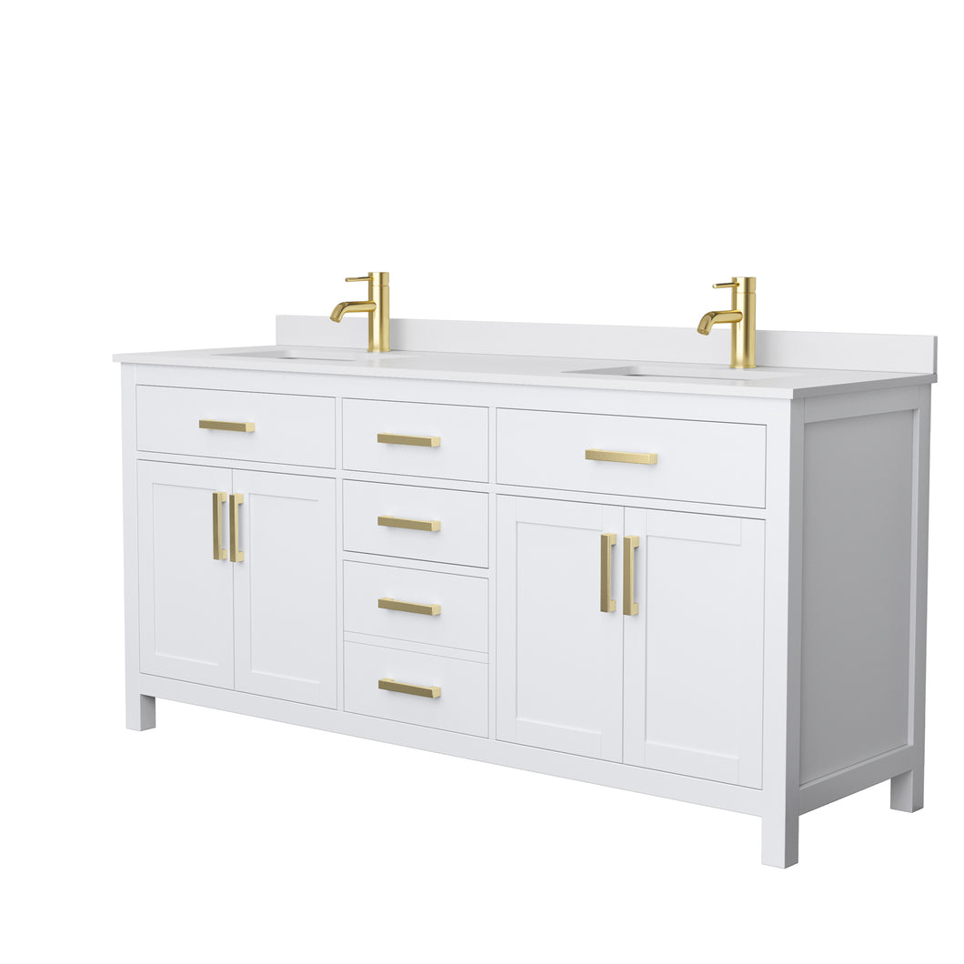 Wyndham Beckett 72 Inch Double Bathroom Vanity in White, White Cultured Marble Countertop, Undermount Square Sinks, Brushed Gold Trim- Wyndham