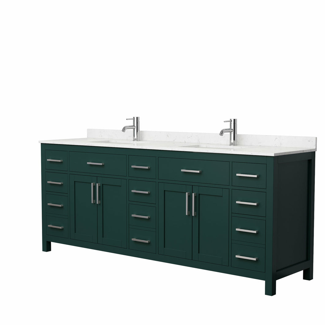 Wyndham Beckett 84 Inch Double Bathroom Vanity in Green, Carrara Cultured Marble Countertop, Undermount Square Sinks, Brushed Nickel Trim- Wyndham