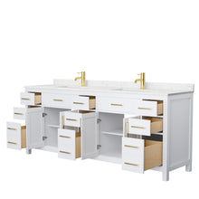 Load image into Gallery viewer, Wyndham Beckett 84 Inch Double Bathroom Vanity in White, Carrara Cultured Marble Countertop, Undermount Square Sinks, Brushed Gold Trim- Wyndham