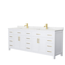 Load image into Gallery viewer, Wyndham Beckett 84 Inch Double Bathroom Vanity in White, Carrara Cultured Marble Countertop, Undermount Square Sinks, Brushed Gold Trim- Wyndham