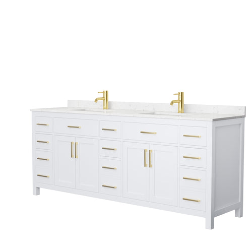 Wyndham Beckett 84 Inch Double Bathroom Vanity in White, Carrara Cultured Marble Countertop, Undermount Square Sinks, Brushed Gold Trim- Wyndham