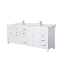 Load image into Gallery viewer, Wyndham Beckett 84 Inch Double Bathroom Vanity in White, White Cultured Marble Countertop, Undermount Square Sinks, Brushed Gold Trim- Wyndham