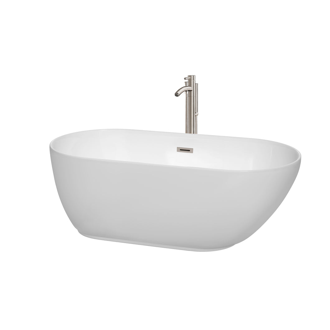 Wyndham Melissa 60 Inch Freestanding Bathtub in White with Floor Mounted Faucet, Drain and Overflow Trim in Brushed Nickel- Wyndham