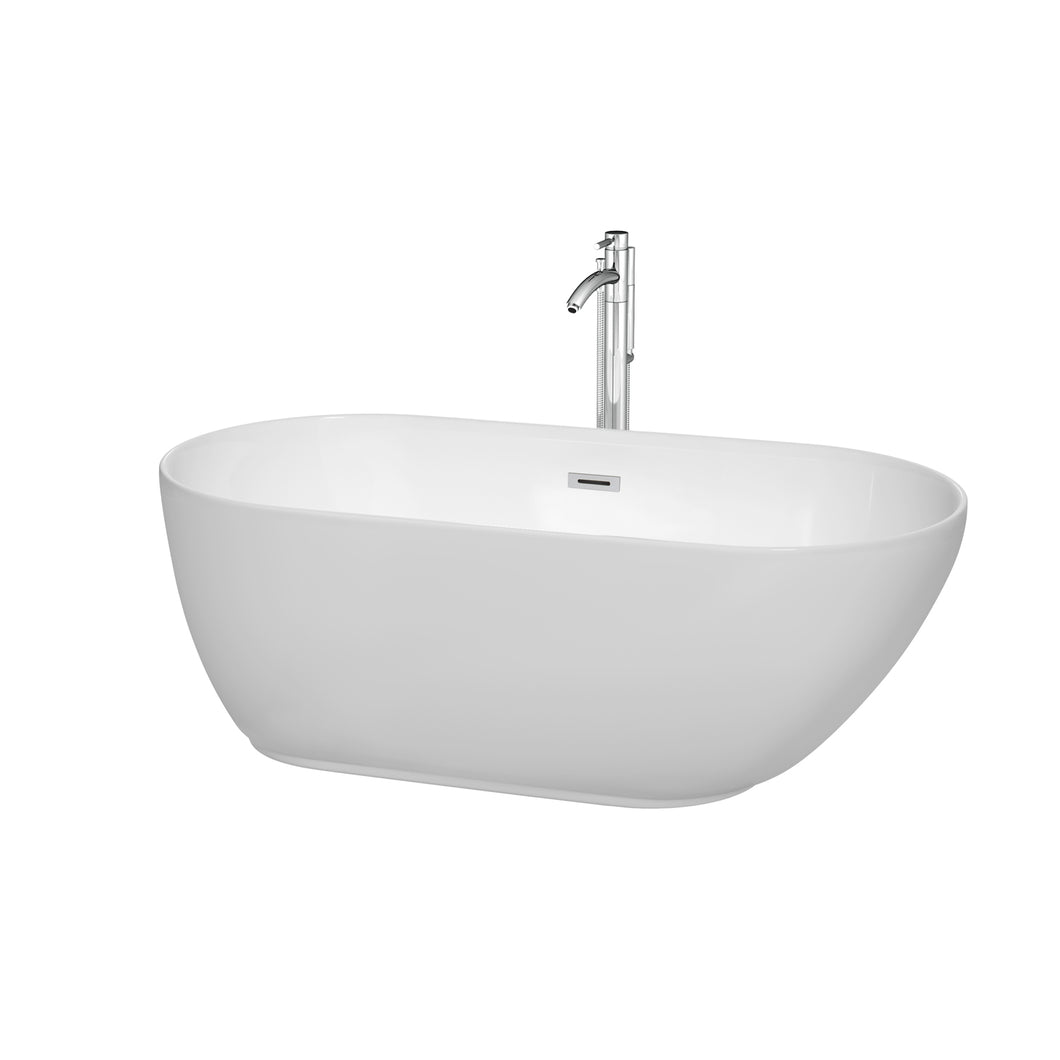 Wyndham Melissa 60 Inch Freestanding Bathtub in White with Floor Mounted Faucet, Drain and Overflow Trim in Polished Chrome- Wyndham
