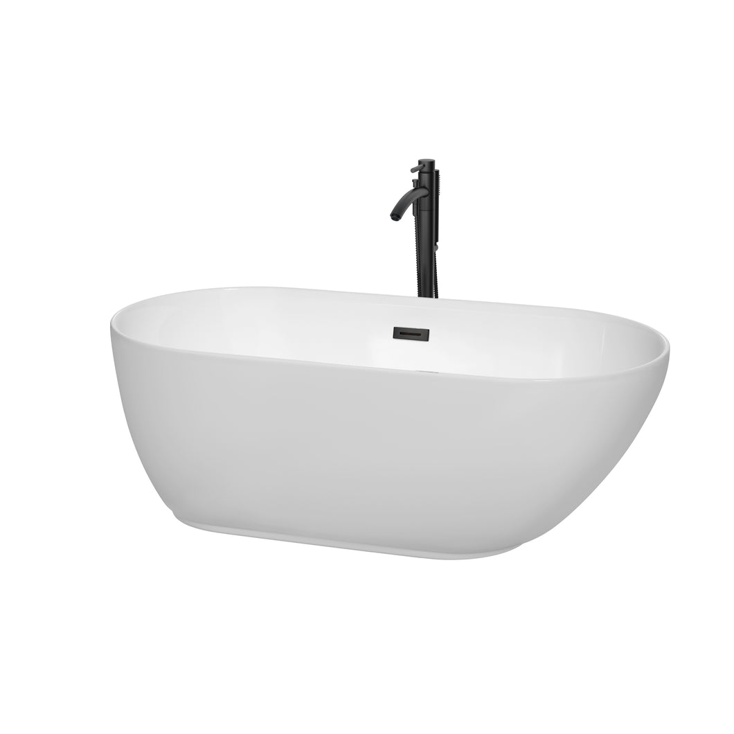 Wyndham Melissa 60 Inch Freestanding Bathtub in White with Floor Mounted Faucet, Drain and Overflow Trim in Matte Black- Wyndham