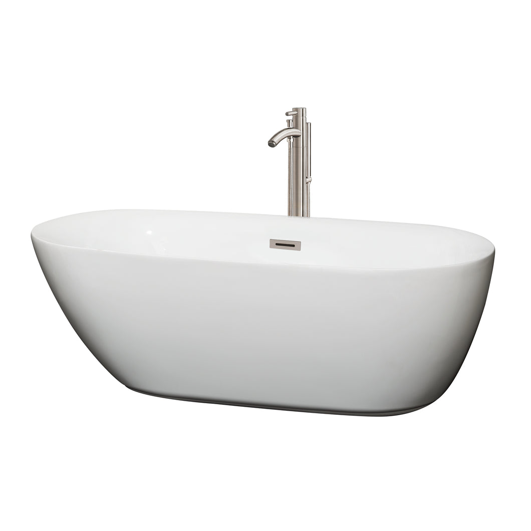 Wyndham Melissa 65 Inch Freestanding Bathtub in White with Floor Mounted Faucet, Drain and Overflow Trim in Brushed Nickel- Wyndham