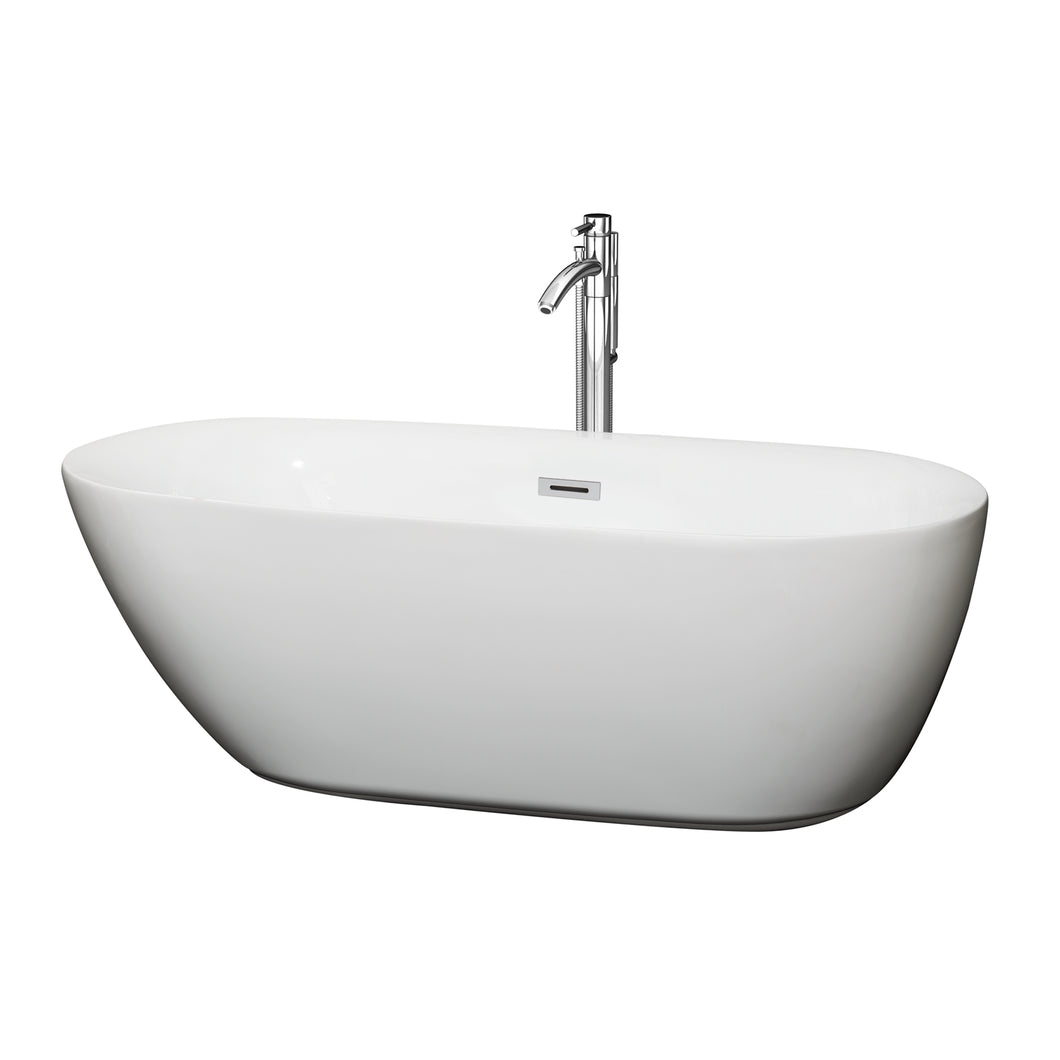 Wyndham Melissa 65 Inch Freestanding Bathtub in White with Floor Mounted Faucet, Drain and Overflow Trim in Polished Chrome- Wyndham