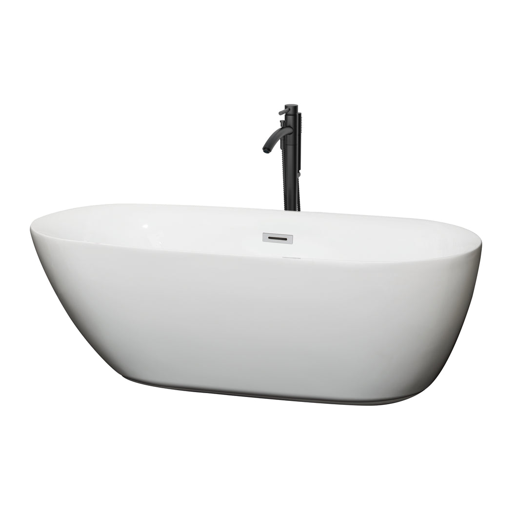 Wyndham Melissa 65 Inch Freestanding Bathtub in White with Polished Chrome Trim and Floor Mounted Faucet in Matte Black- Wyndham