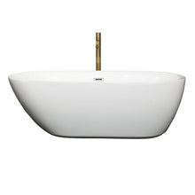 Load image into Gallery viewer, Wyndham Melissa 65 Inch Freestanding Bathtub in White with Polished Chrome Trim and Floor Mounted Faucet in Brushed Gold- Wyndham
