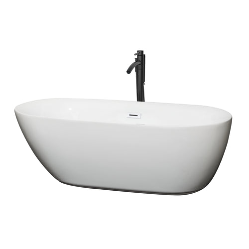 Wyndham Melissa 65 Inch Freestanding Bathtub in White with Shiny White Trim and Floor Mounted Faucet in Matte Black- Wyndham