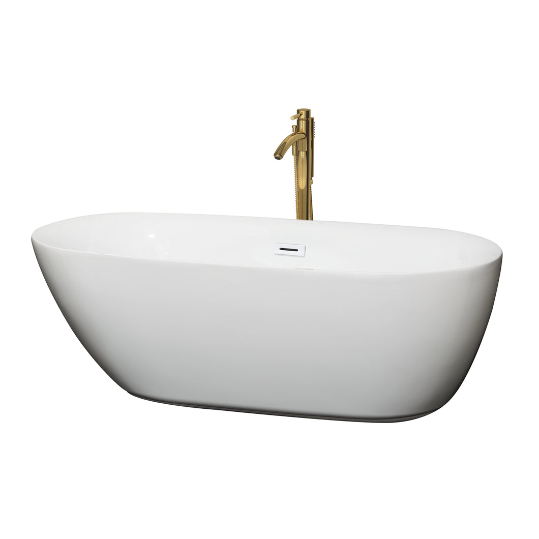 Wyndham Melissa 65 Inch Freestanding Bathtub in White with Shiny White Trim and Floor Mounted Faucet in Brushed Gold- Wyndham