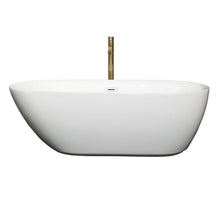 Load image into Gallery viewer, Wyndham Melissa 65 Inch Freestanding Bathtub in White with Shiny White Trim and Floor Mounted Faucet in Brushed Gold- Wyndham