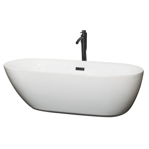 Wyndham Melissa 71 Inch Freestanding Bathtub in White with Floor Mounted Faucet, Drain and Overflow Trim in Matte Black- Wyndham