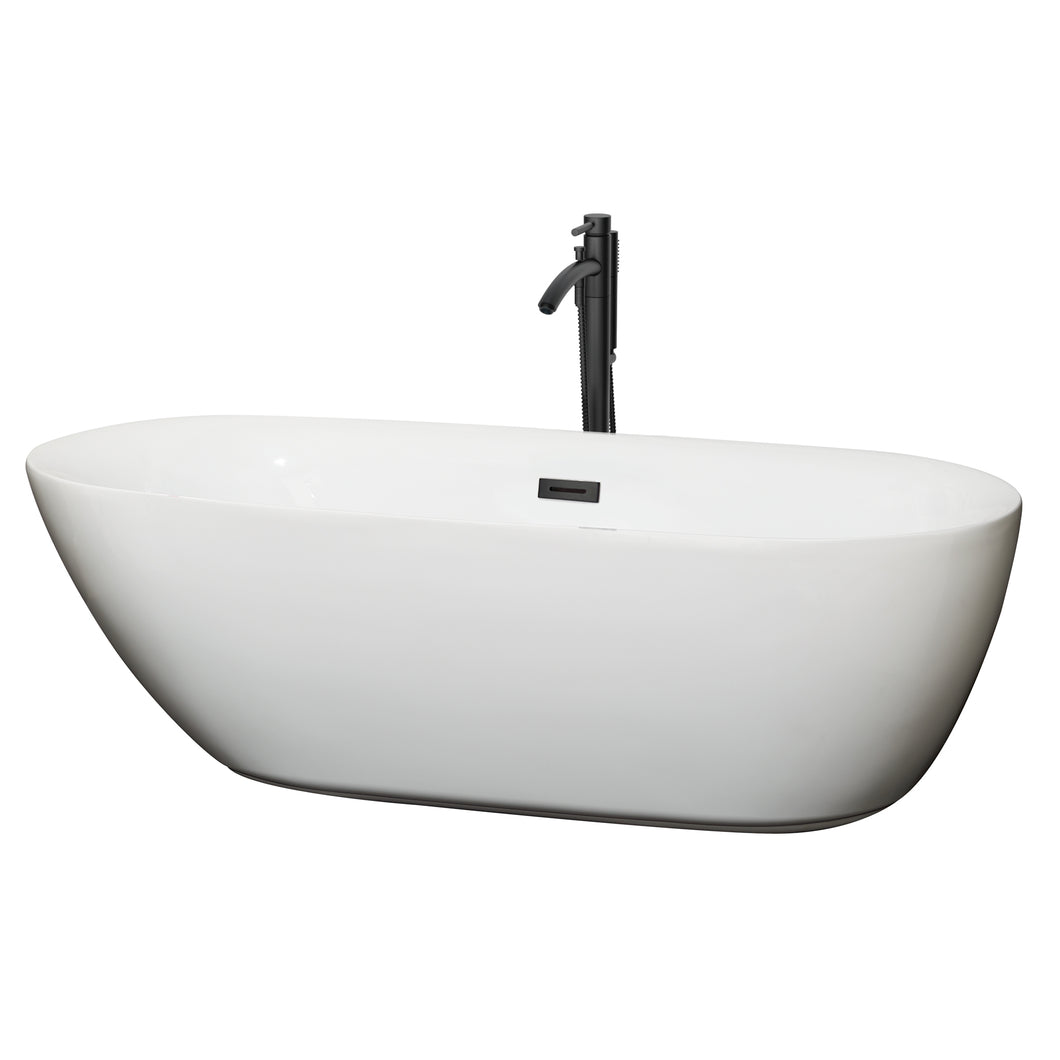 Wyndham Melissa 71 Inch Freestanding Bathtub in White with Floor Mounted Faucet, Drain and Overflow Trim in Matte Black- Wyndham