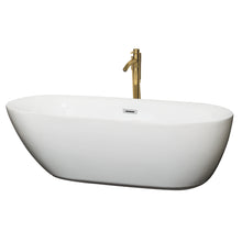 Load image into Gallery viewer, Wyndham Melissa 71 Inch Freestanding Bathtub in White with Polished Chrome Trim and Floor Mounted Faucet in Brushed Gold- Wyndham