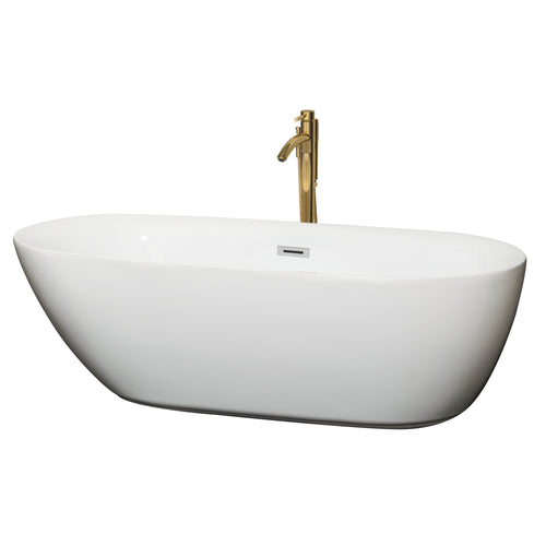 Wyndham Melissa 71 Inch Freestanding Bathtub in White with Polished Chrome Trim and Floor Mounted Faucet in Brushed Gold- Wyndham
