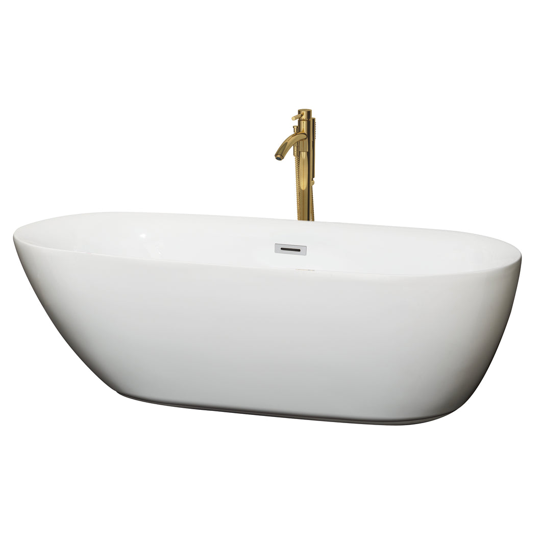 Wyndham Melissa 71 Inch Freestanding Bathtub in White with Polished Chrome Trim and Floor Mounted Faucet in Brushed Gold- Wyndham