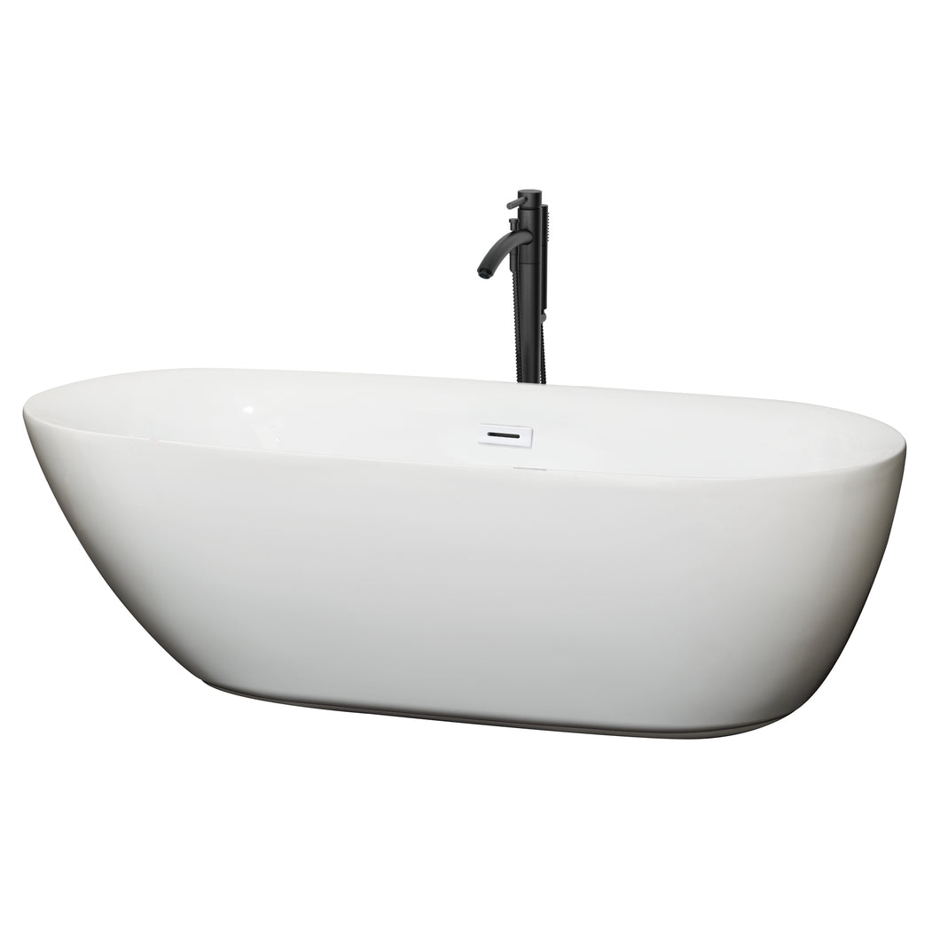 Wyndham Melissa 71 Inch Freestanding Bathtub in White with Shiny White Trim and Floor Mounted Faucet in Matte Black- Wyndham