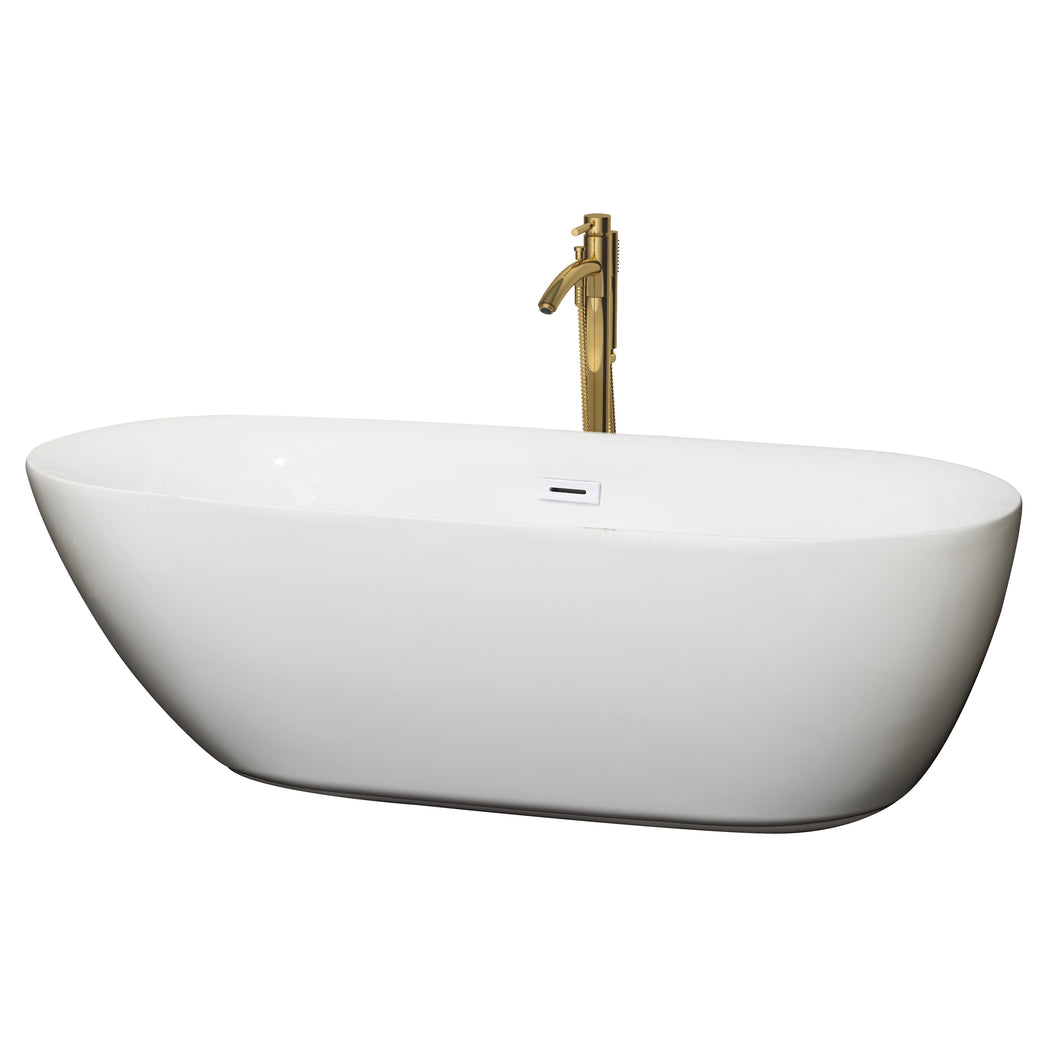 Wyndham Melissa 71 Inch Freestanding Bathtub in White with Shiny White Trim and Floor Mounted Faucet in Brushed Gold- Wyndham