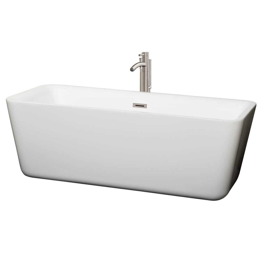 Wyndham Emily 69 Inch Freestanding Bathtub in White with Floor Mounted Faucet, Drain and Overflow Trim in Brushed Nickel- Wyndham