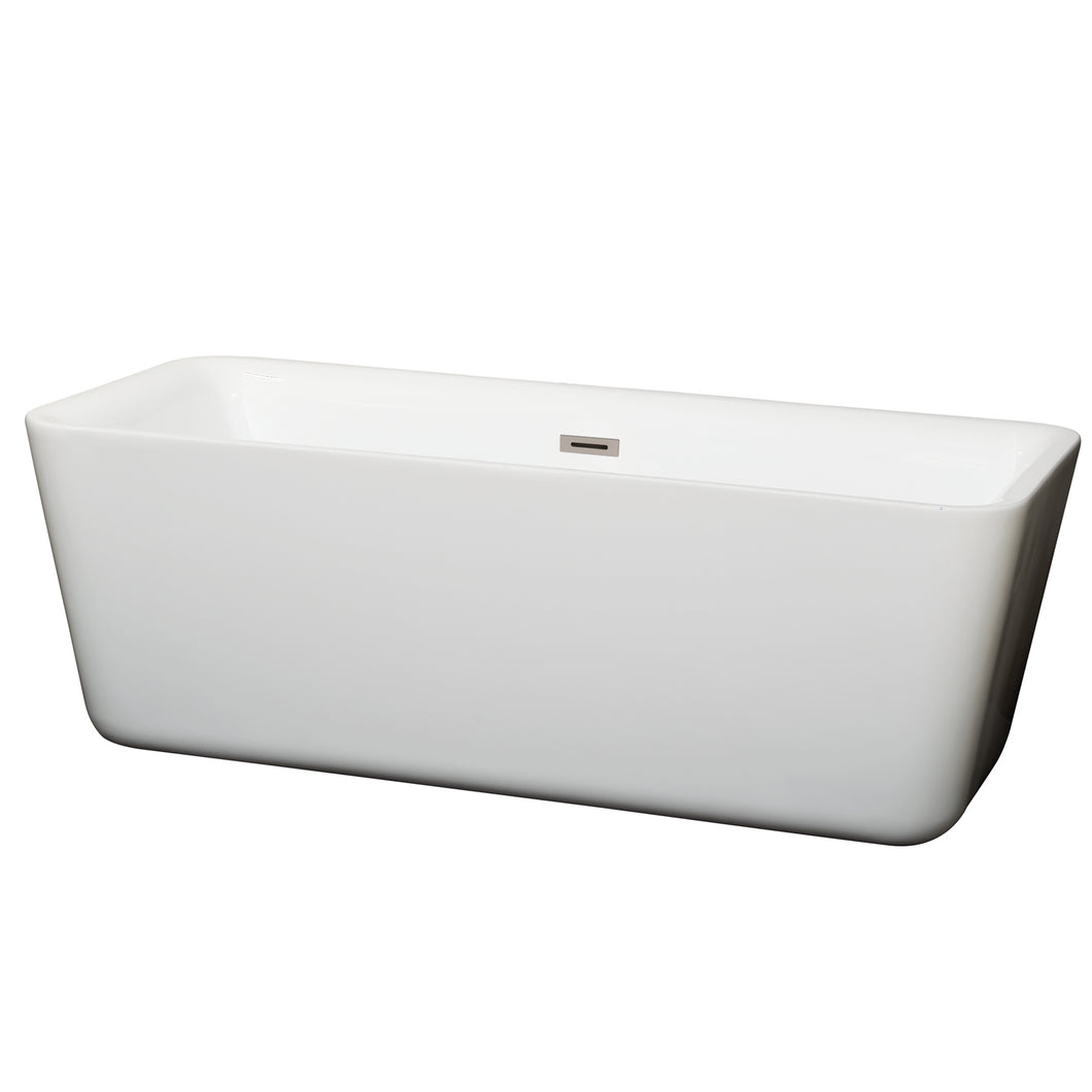 Wyndham Emily 69 Inch Freestanding Bathtub in White with Brushed Nickel Drain and Overflow Trim- Wyndham