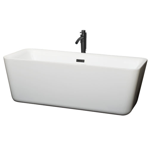 Wyndham Emily 69 Inch Freestanding Bathtub in White with Floor Mounted Faucet, Drain and Overflow Trim in Matte Black- Wyndham