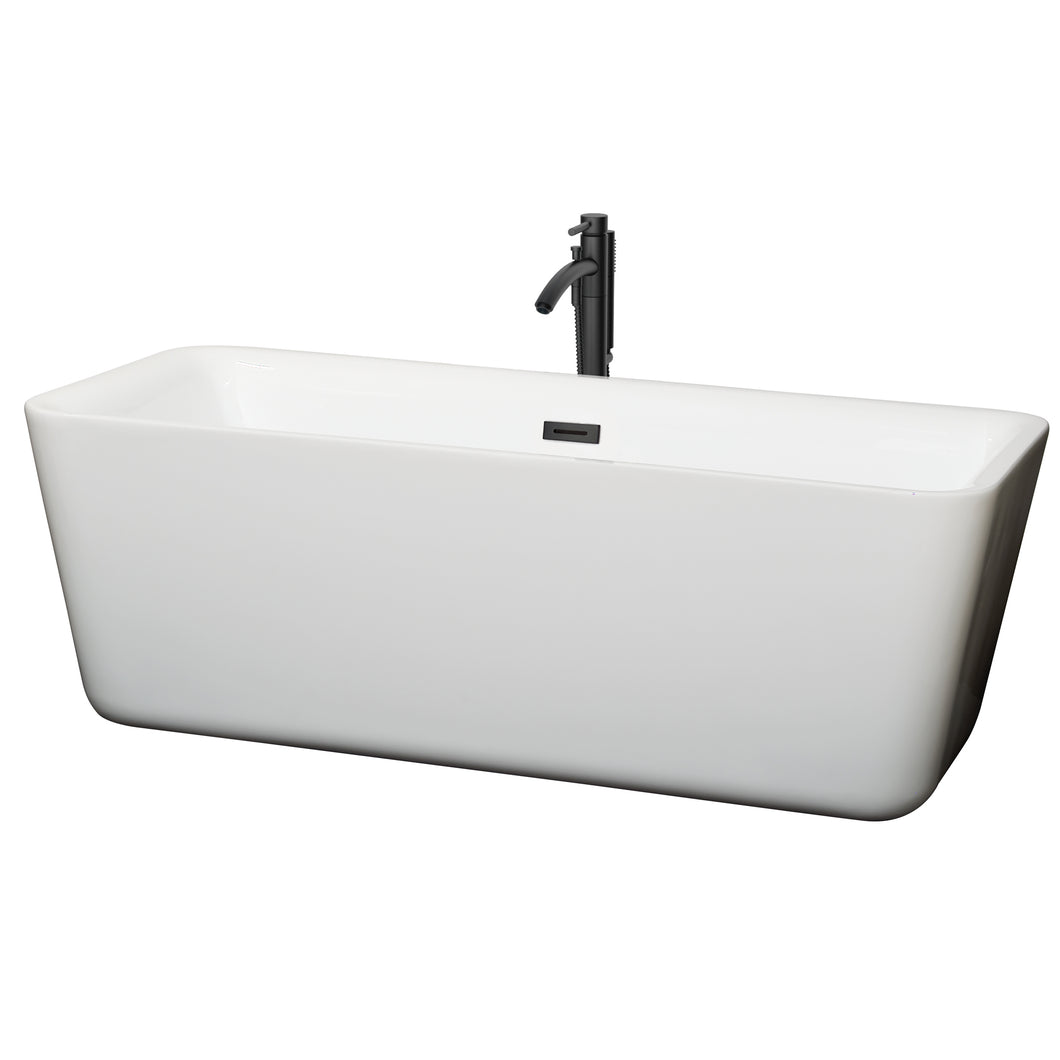 Wyndham Emily 69 Inch Freestanding Bathtub in White with Floor Mounted Faucet, Drain and Overflow Trim in Matte Black- Wyndham