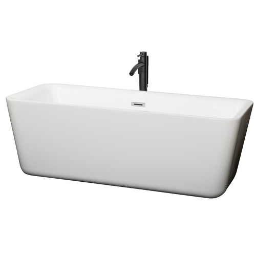 Wyndham Emily 69 Inch Freestanding Bathtub in White with Polished Chrome Trim and Floor Mounted Faucet in Matte Black- Wyndham