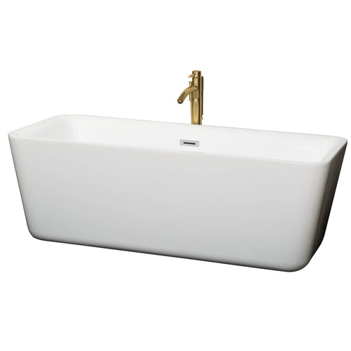 Wyndham Emily 69 Inch Freestanding Bathtub in White with Polished Chrome Trim and Floor Mounted Faucet in Brushed Gold- Wyndham