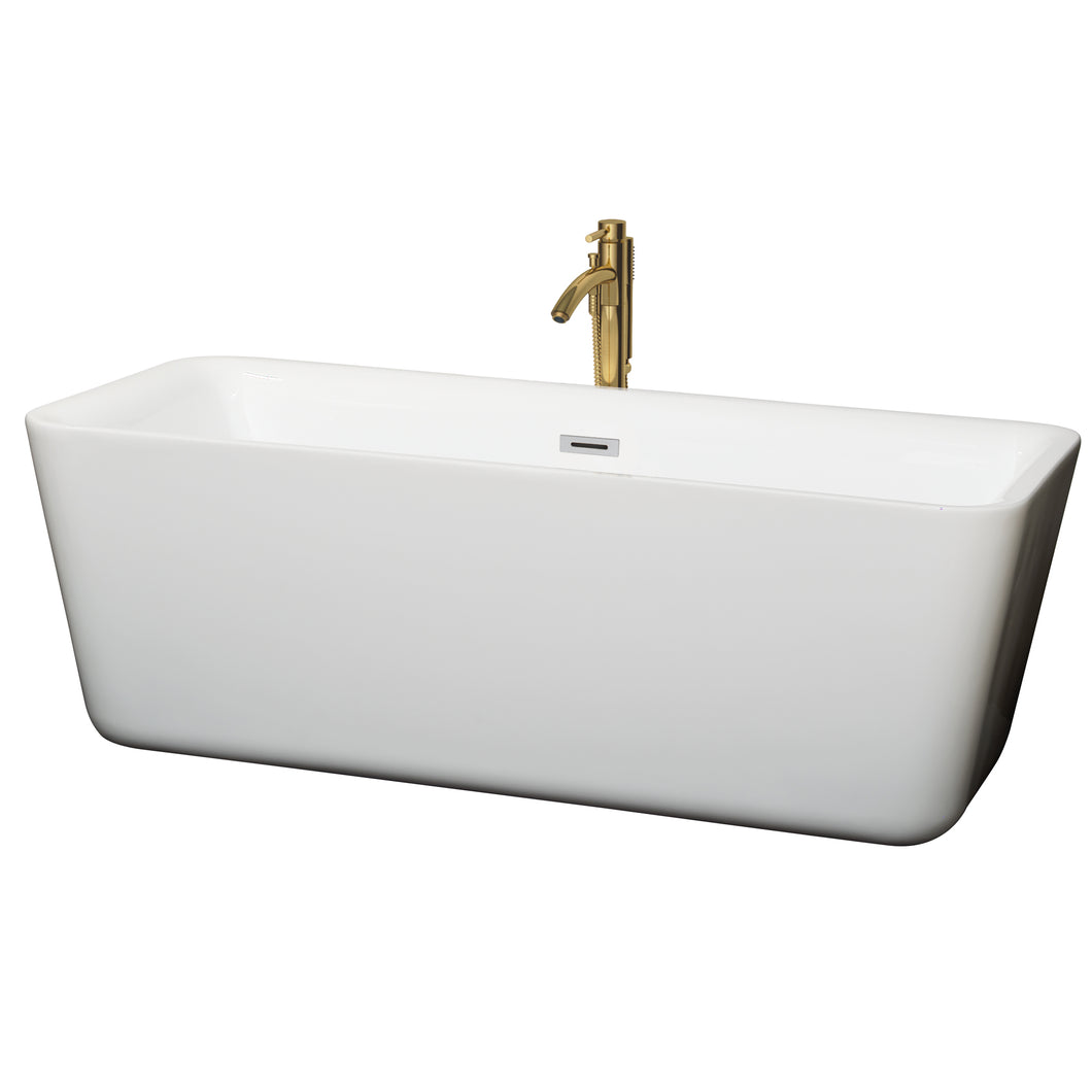 Wyndham Emily 69 Inch Freestanding Bathtub in White with Polished Chrome Trim and Floor Mounted Faucet in Brushed Gold- Wyndham