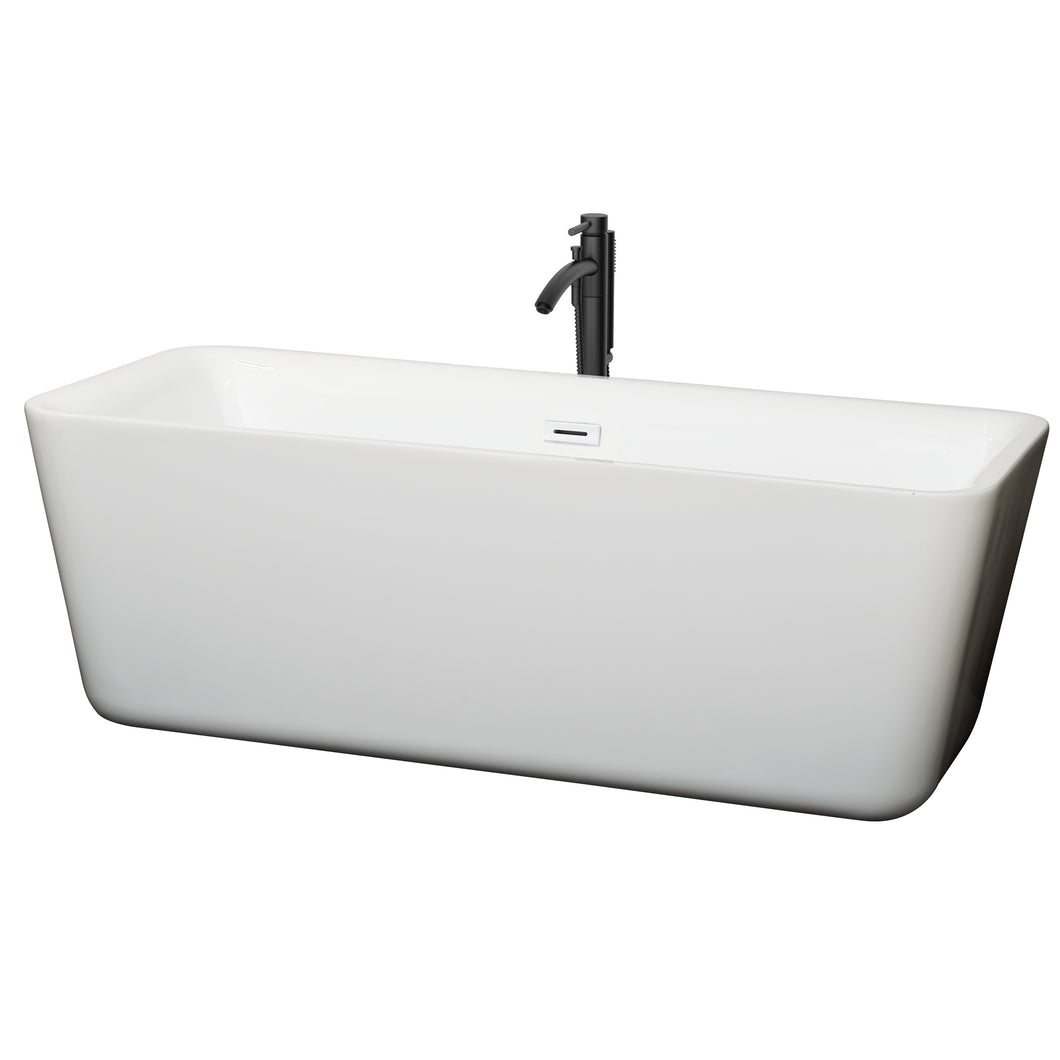 Wyndham Emily 69 Inch Freestanding Bathtub in White with Shiny White Trim and Floor Mounted Faucet in Matte Black- Wyndham