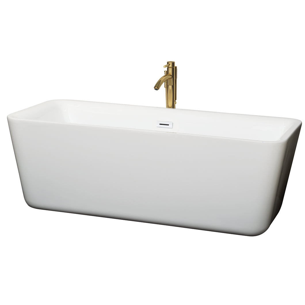 Wyndham Emily 69 Inch Freestanding Bathtub in White with Shiny White Trim and Floor Mounted Faucet in Brushed Gold- Wyndham
