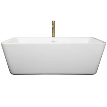 Load image into Gallery viewer, Wyndham Emily 69 Inch Freestanding Bathtub in White with Shiny White Trim and Floor Mounted Faucet in Brushed Gold- Wyndham