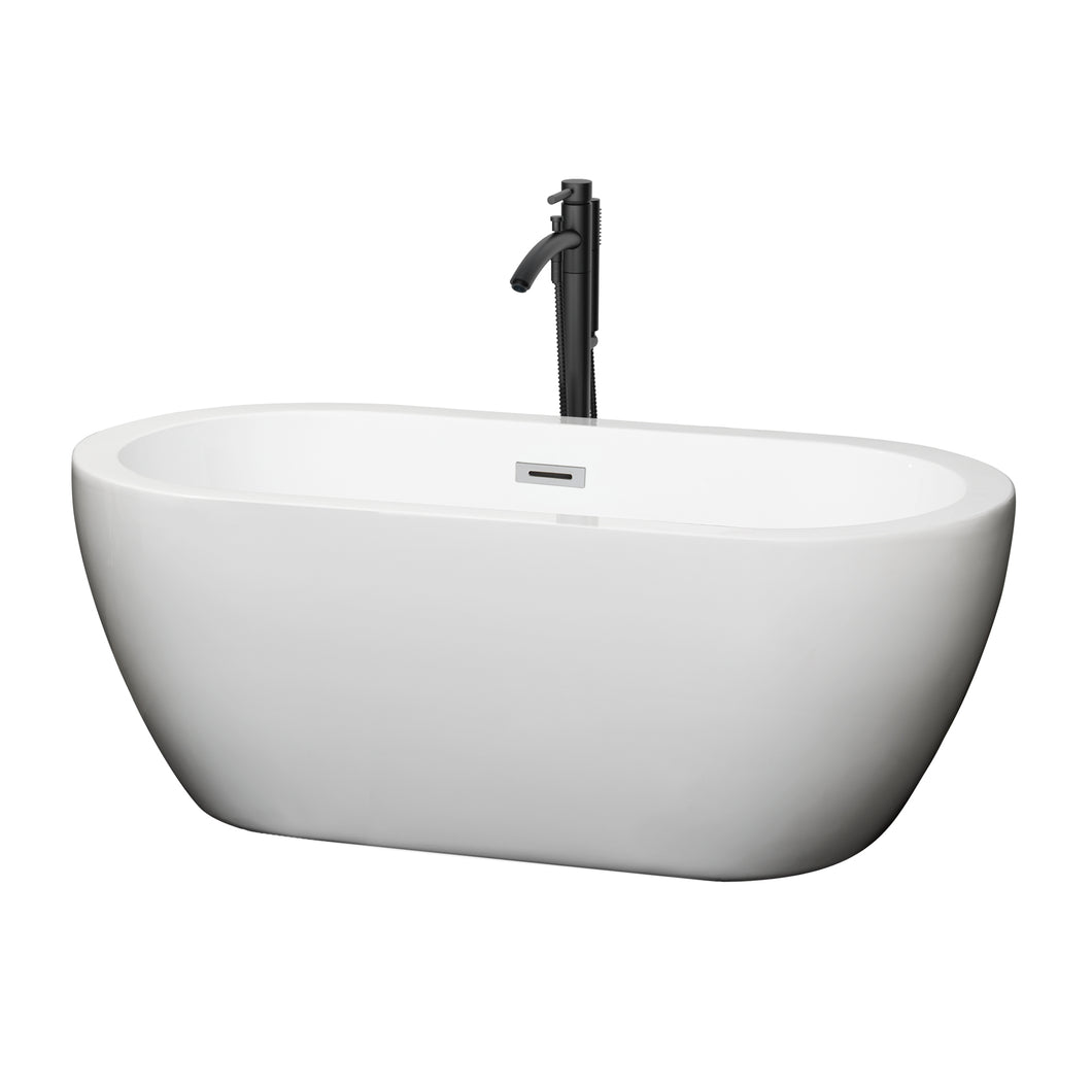 Wyndham Soho 60 Inch Freestanding Bathtub in White with Polished Chrome Trim and Floor Mounted Faucet in Matte Black- Wyndham