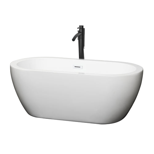 Wyndham Soho 60 Inch Freestanding Bathtub in White with Shiny White Trim and Floor Mounted Faucet in Matte Black- Wyndham
