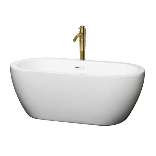 Wyndham Soho 60 Inch Freestanding Bathtub in White with Shiny White Trim and Floor Mounted Faucet in Brushed Gold- Wyndham