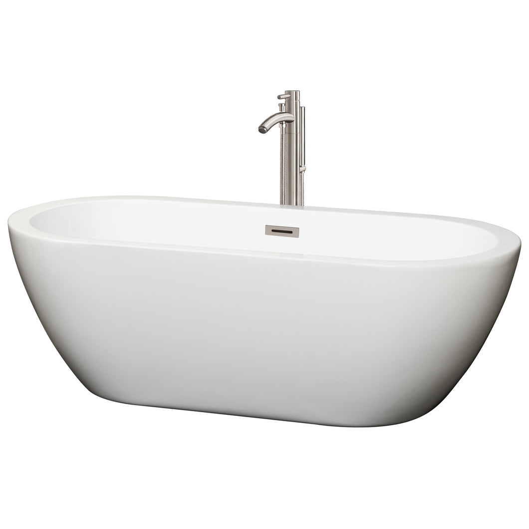 Wyndham Soho 68 Inch Freestanding Bathtub in White with Floor Mounted Faucet, Drain and Overflow Trim in Brushed Nickel- Wyndham