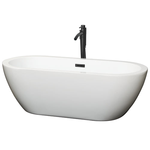 Wyndham Soho 68 Inch Freestanding Bathtub in White with Floor Mounted Faucet, Drain and Overflow Trim in Matte Black- Wyndham