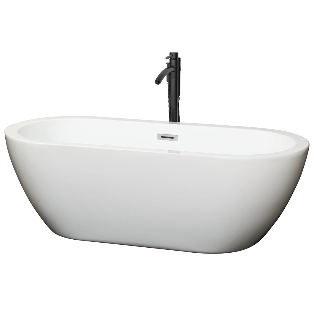 Wyndham Soho 68 Inch Freestanding Bathtub in White with Polished Chrome Trim and Floor Mounted Faucet in Matte Black- Wyndham