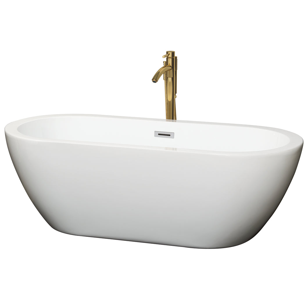 Wyndham Soho 68 Inch Freestanding Bathtub in White with Polished Chrome Trim and Floor Mounted Faucet in Brushed Gold- Wyndham