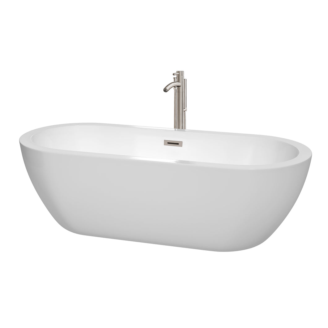 Wyndham Soho 72 Inch Freestanding Bathtub in White with Floor Mounted Faucet, Drain and Overflow Trim in Brushed Nickel- Wyndham